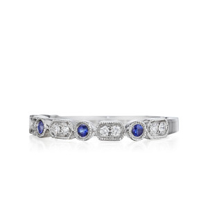 Art Deco Diamond and Blue Sapphire Band with Short Milgrain Rows