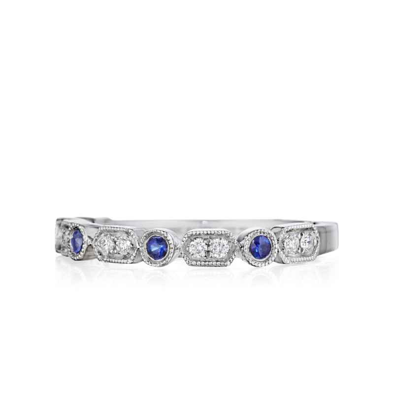 Art Deco Diamond and Blue Sapphire Band with Short Milgrain Rows