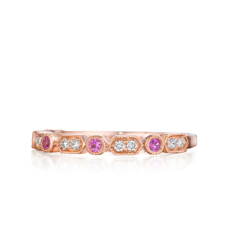 Art Deco Diamond and Pink Sapphire Band with Short Milgrain Rows