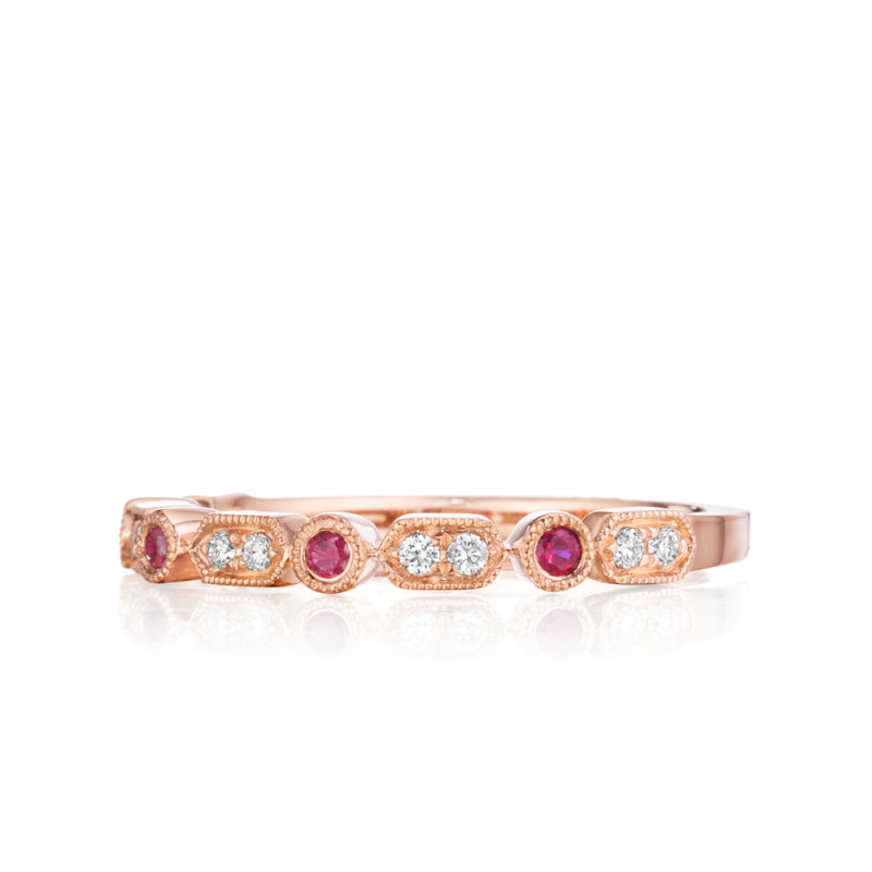 Art Deco Diamond and Ruby Band with Short Milgrain Rows