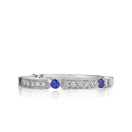 Art Deco Diamond and Blue Sapphire Band with Long Milgrain Rows