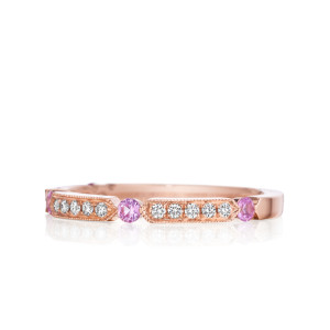 Art Deco Diamond and Pink Sapphire Band with Long Milgrain Rows